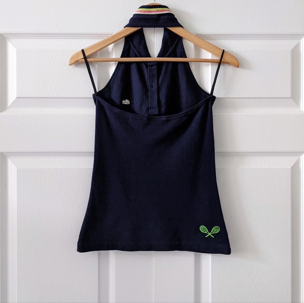 Lacoste Navy Blue Tennis Racket Embroidered Halter Neck Tank Top - Picture 3 of 11